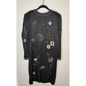 Vintage 80s 90s Lauren Alexandra Black Silk Abstract Beaded Long Sleeve Dress 12